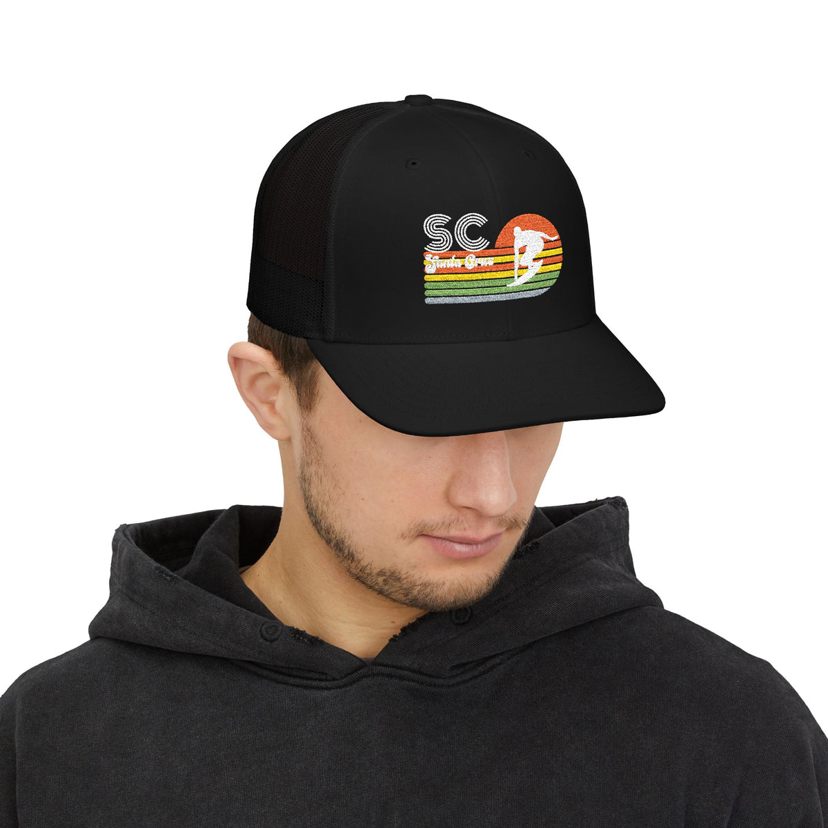 Sunset Surf Trucker Cap — Retro SC Surfer Patch Snapback