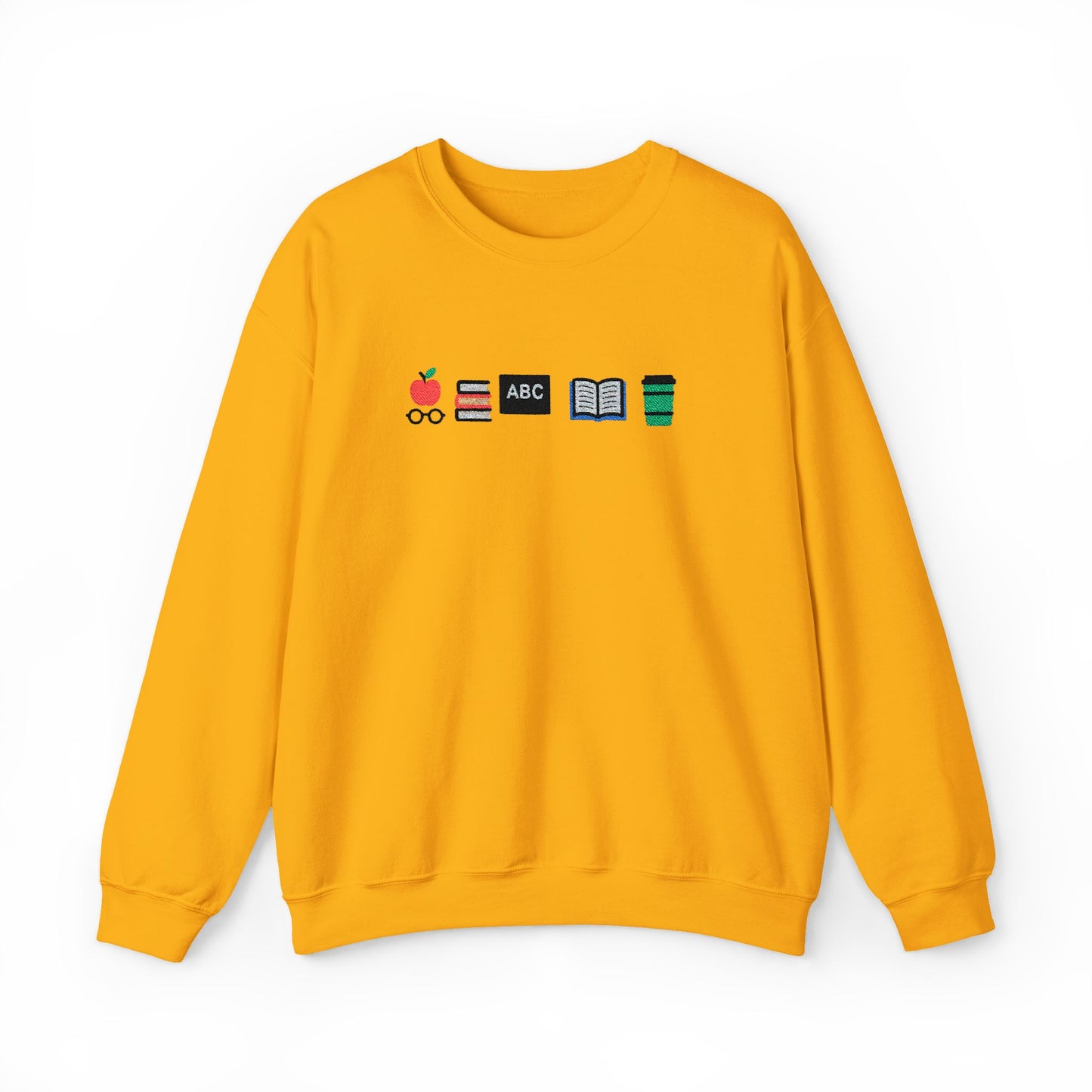 Teacher Essentials Crewneck Sweatshirt — Apple, Books & Coffee Icons