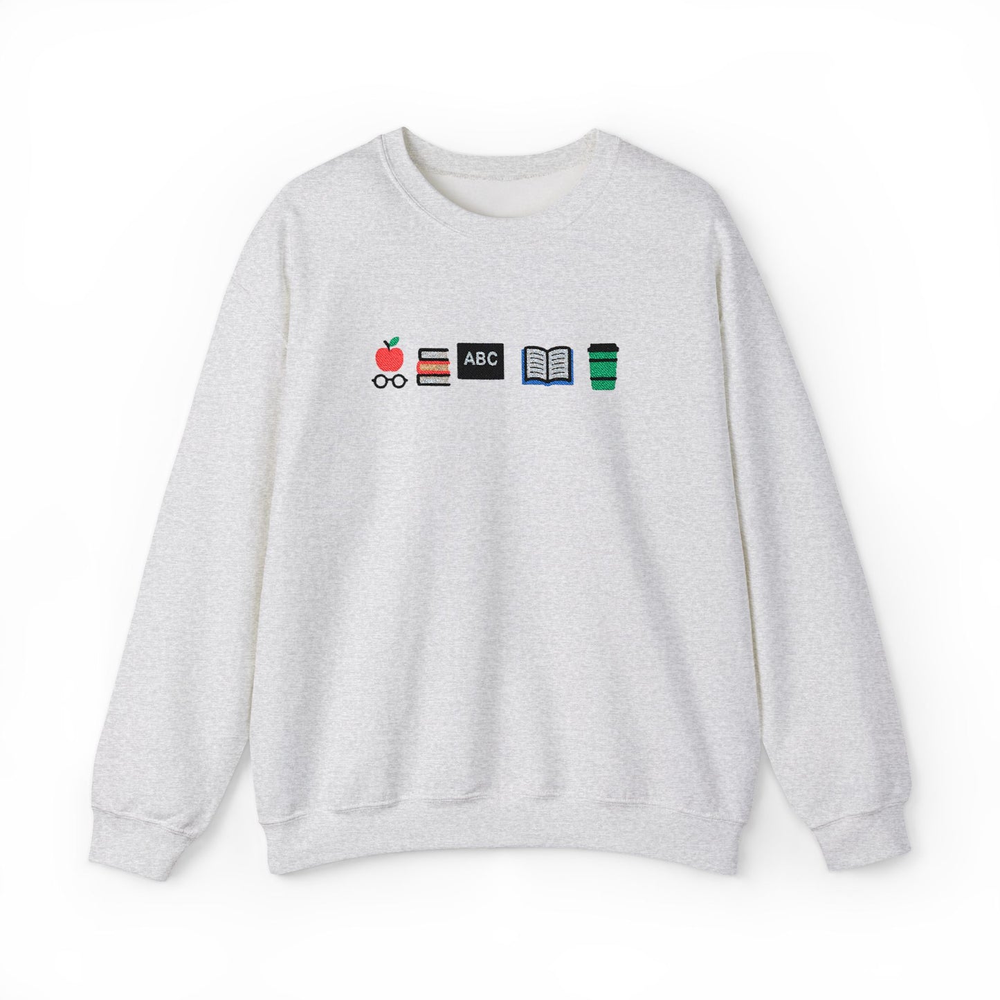 Teacher Essentials Crewneck Sweatshirt — Apple, Books & Coffee Icons