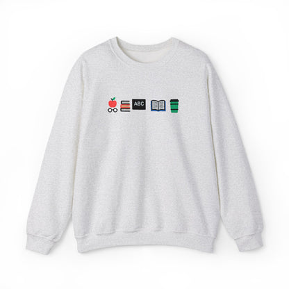 Teacher Essentials Crewneck Sweatshirt — Apple, Books & Coffee Icons