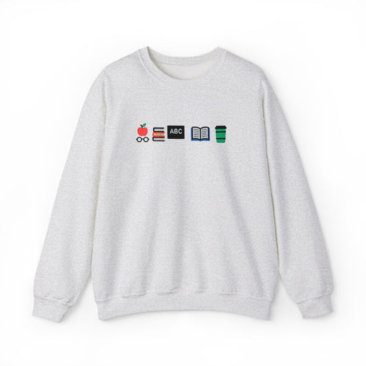 Teacher Essentials Crewneck Sweatshirt — Apple, Books & Coffee Icons