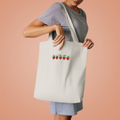 Strawberry Row Cotton Tote Bag — Cute Mini Fruit Embroidery Grocery & Market Bag