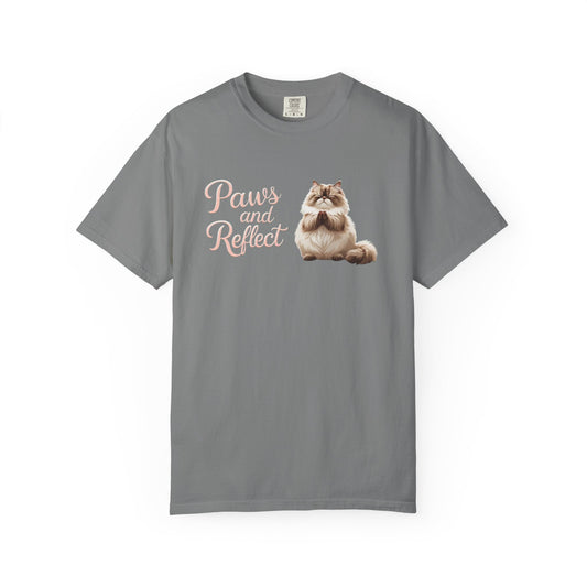 Whimsical Cat T-Shirt, Paws and Reflect Tee, Comfortable Unisex Shirt, Cat Lover Gift, Cozy Animal Apparel, Cute Pet Top