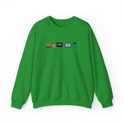 Teacher Essentials Crewneck Sweatshirt — Apple, Books & Coffee Icons