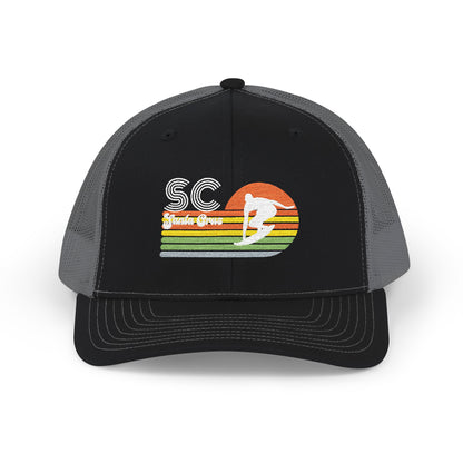 Sunset Surf Trucker Cap — Retro SC Surfer Patch Snapback