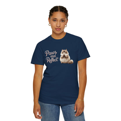 Whimsical Cat T-Shirt, Paws and Reflect Tee, Comfortable Unisex Shirt, Cat Lover Gift, Cozy Animal Apparel, Cute Pet Top