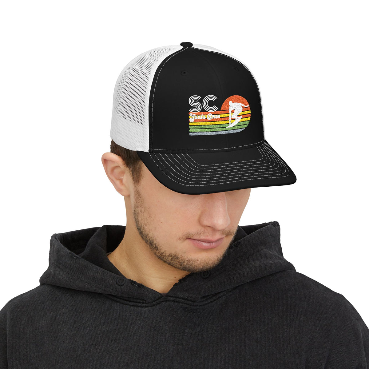 Sunset Surf Trucker Cap — Retro SC Surfer Patch Snapback