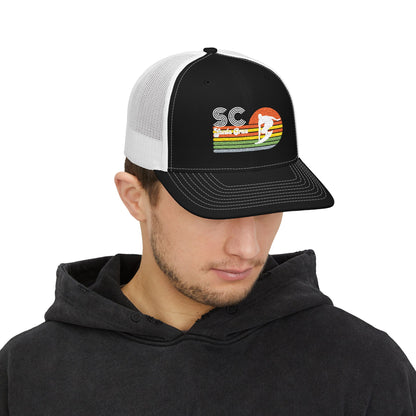 Sunset Surf Trucker Cap — Retro SC Surfer Patch Snapback