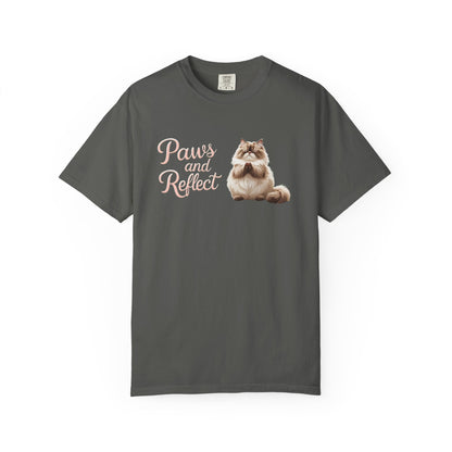 Whimsical Cat T-Shirt, Paws and Reflect Tee, Comfortable Unisex Shirt, Cat Lover Gift, Cozy Animal Apparel, Cute Pet Top