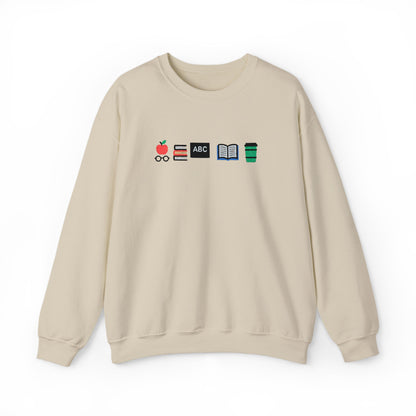 Teacher Essentials Crewneck Sweatshirt — Apple, Books & Coffee Icons
