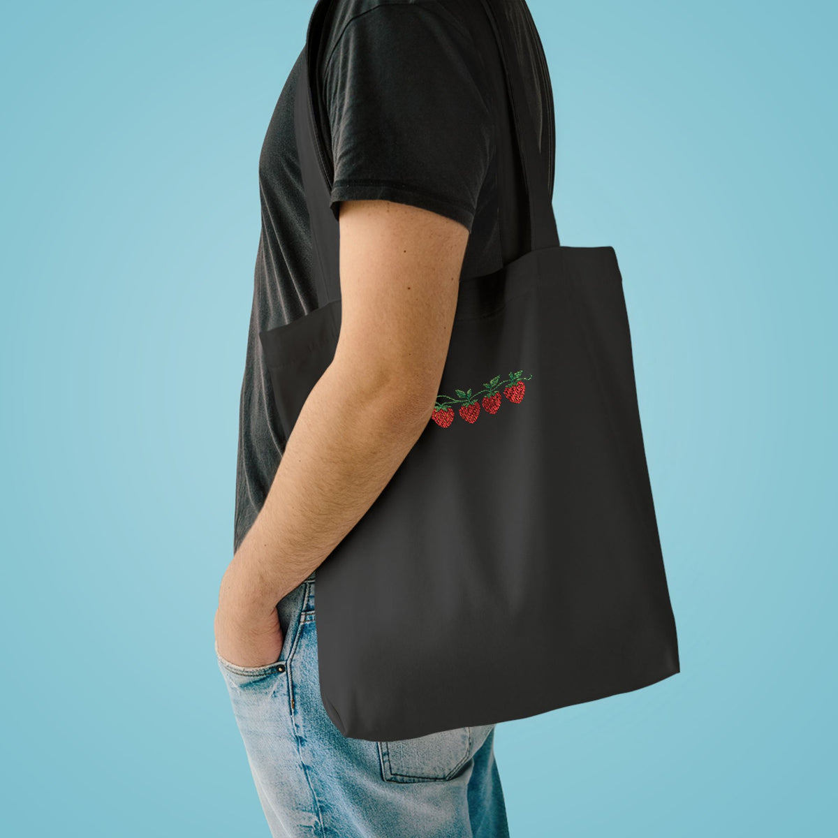 Strawberry Row Cotton Tote Bag — Cute Mini Fruit Embroidery Grocery & Market Bag