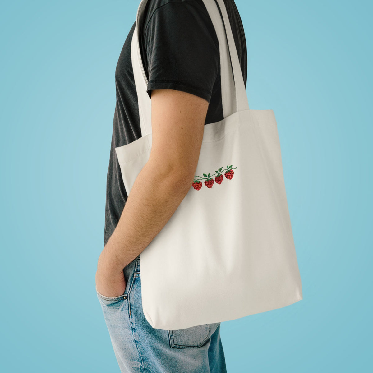Strawberry Row Cotton Tote Bag — Cute Mini Fruit Embroidery Grocery & Market Bag