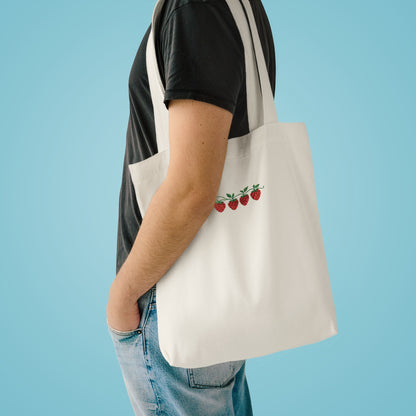Strawberry Row Cotton Tote Bag — Cute Mini Fruit Embroidery Grocery & Market Bag