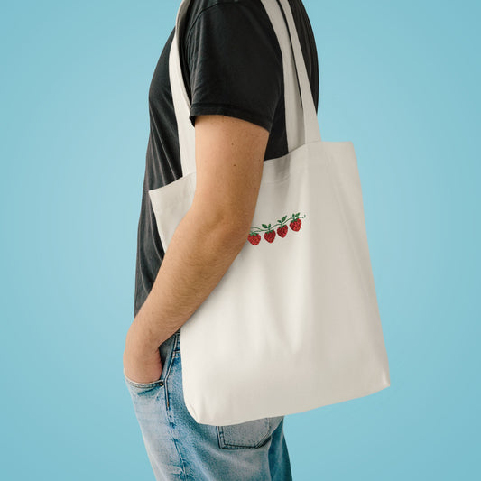 Strawberry Row Cotton Tote Bag — Cute Mini Fruit Embroidery Grocery & Market Bag