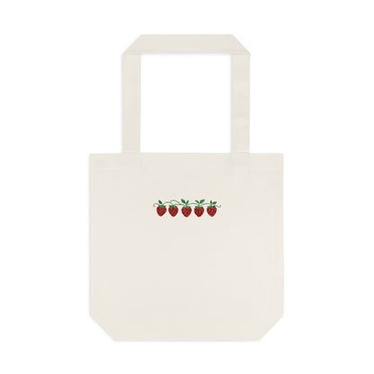 Strawberry Row Cotton Tote Bag — Cute Mini Fruit Embroidery Grocery & Market Bag