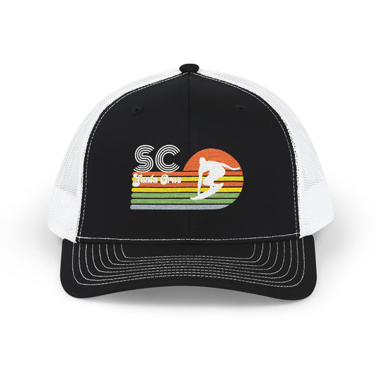 Sunset Surf Trucker Cap — Retro SC Surfer Patch Snapback