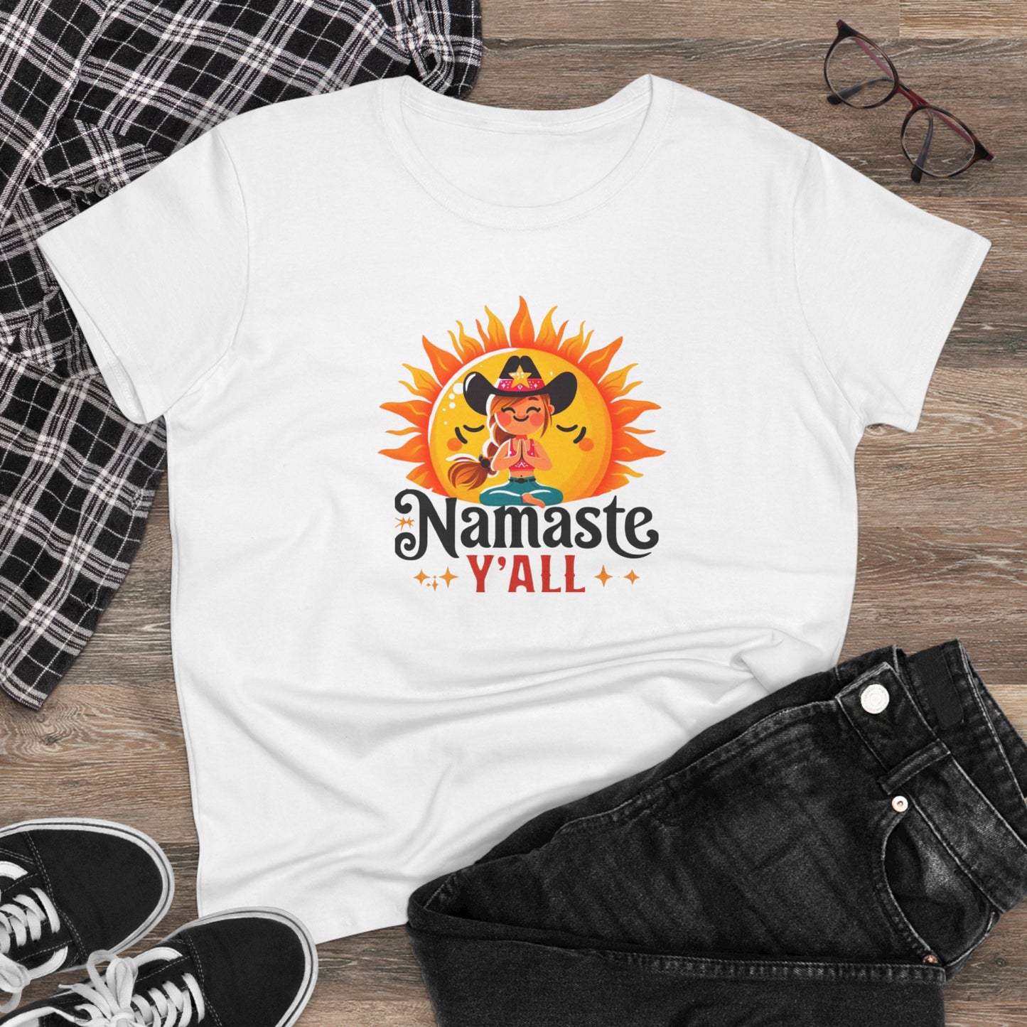 Namaste Y'all Women's Midweight Cotton Tee, Southern Style T-Shirt, Yoga Top, Gift for Yogis, Relaxed Fit Tee