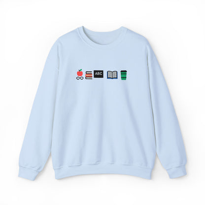 Teacher Essentials Crewneck Sweatshirt — Apple, Books & Coffee Icons