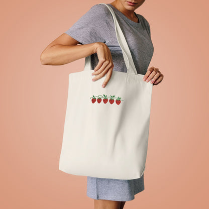 Strawberry Row Cotton Tote Bag — Cute Mini Fruit Embroidery Grocery & Market Bag