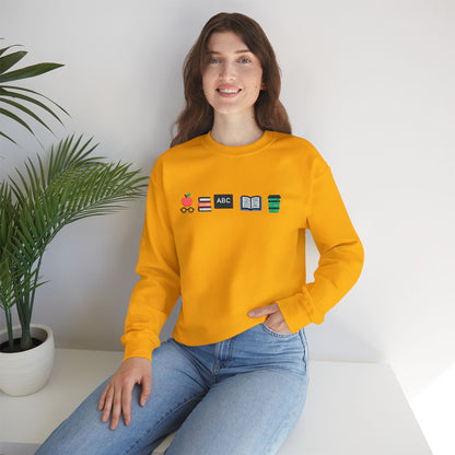 Teacher Essentials Crewneck Sweatshirt — Apple, Books & Coffee Icons