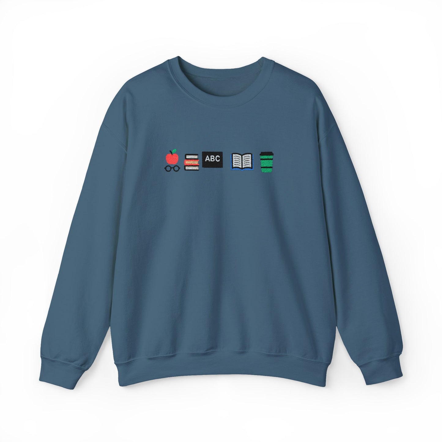 Teacher Essentials Crewneck Sweatshirt — Apple, Books & Coffee Icons