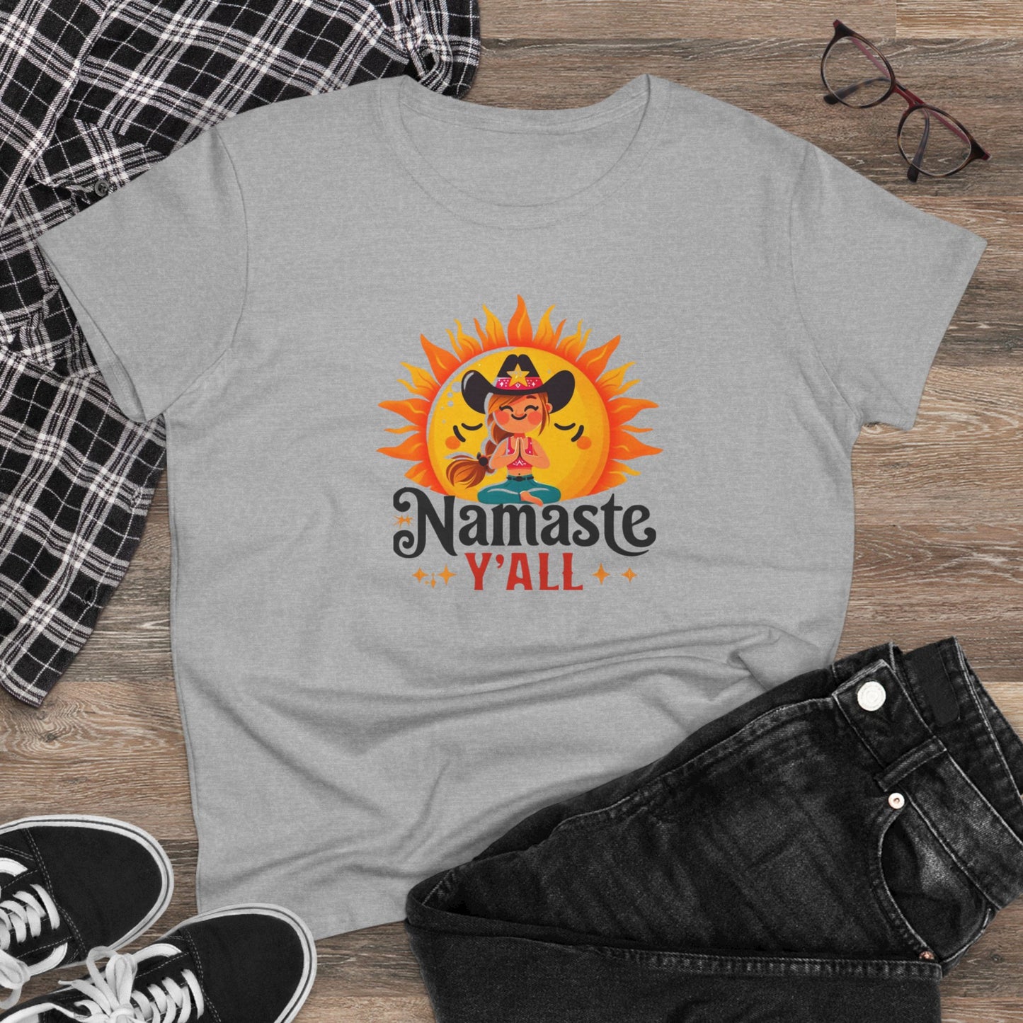 Namaste Y'all Women's Midweight Cotton Tee, Southern Style T-Shirt, Yoga Top, Gift for Yogis, Relaxed Fit Tee