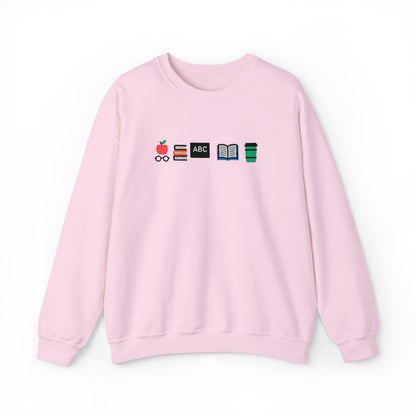 Teacher Essentials Crewneck Sweatshirt — Apple, Books & Coffee Icons
