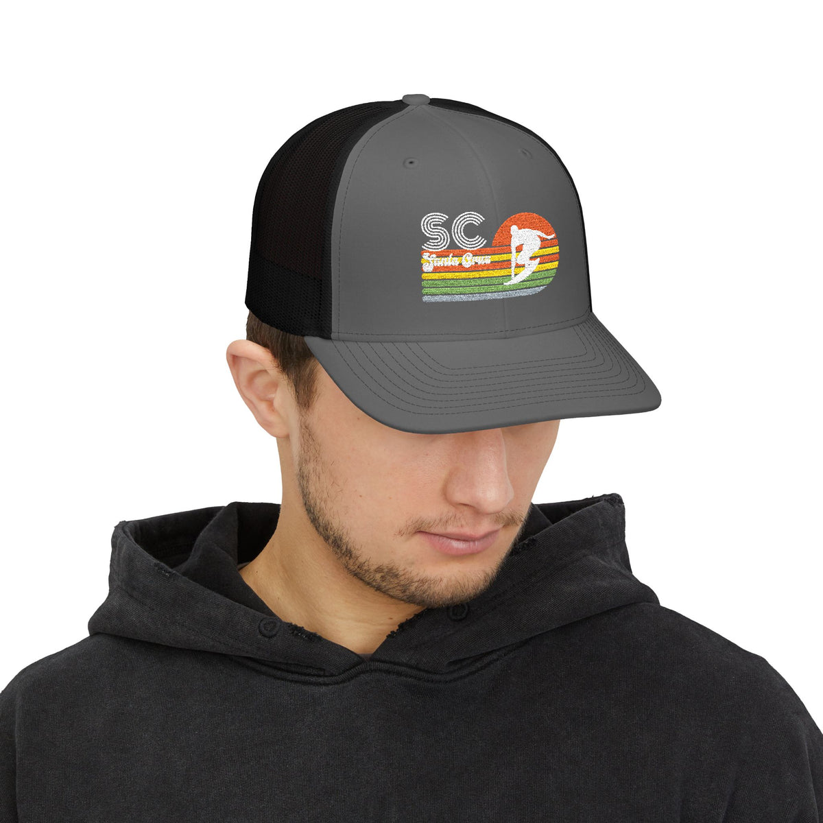 Sunset Surf Trucker Cap — Retro SC Surfer Patch Snapback