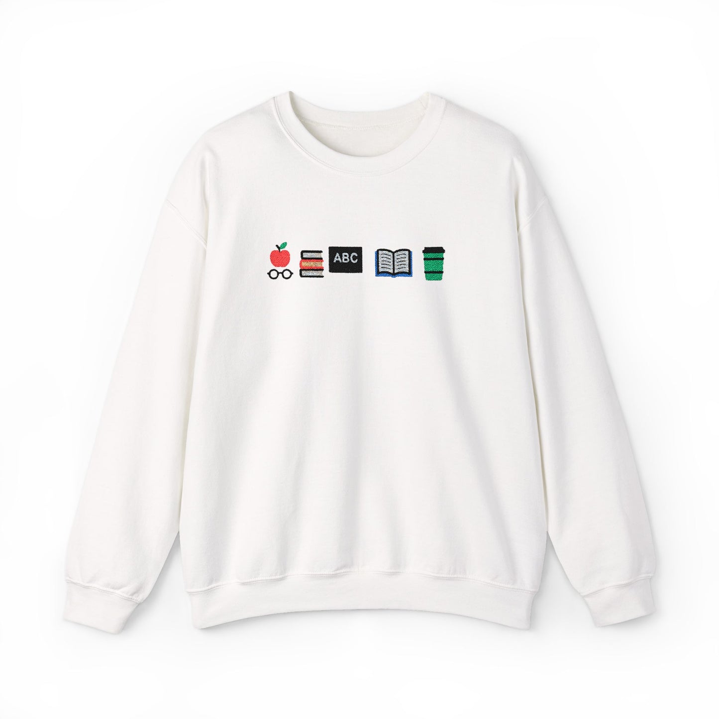 Teacher Essentials Crewneck Sweatshirt — Apple, Books & Coffee Icons