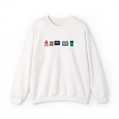 Teacher Essentials Crewneck Sweatshirt — Apple, Books & Coffee Icons