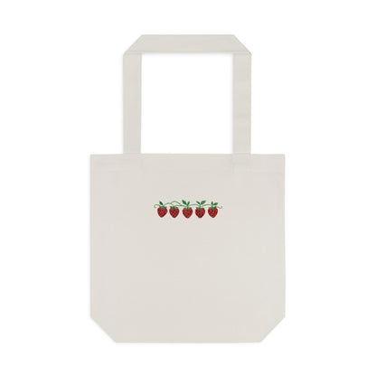 Strawberry Row Cotton Tote Bag — Cute Mini Fruit Embroidery Grocery & Market Bag