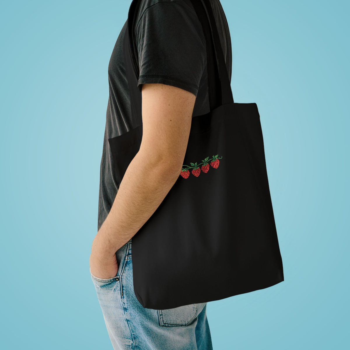 Strawberry Row Cotton Tote Bag — Cute Mini Fruit Embroidery Grocery & Market Bag