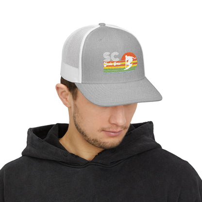 Sunset Surf Trucker Cap — Retro SC Surfer Patch Snapback