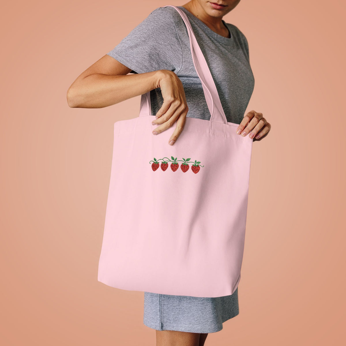 Strawberry Row Cotton Tote Bag — Cute Mini Fruit Embroidery Grocery & Market Bag