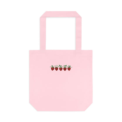 Strawberry Row Cotton Tote Bag — Cute Mini Fruit Embroidery Grocery & Market Bag